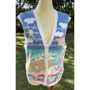 Cruise Beach-Themed Knit Button-Up Sleeveless Vest Sz M Vibrant Design Grannycor